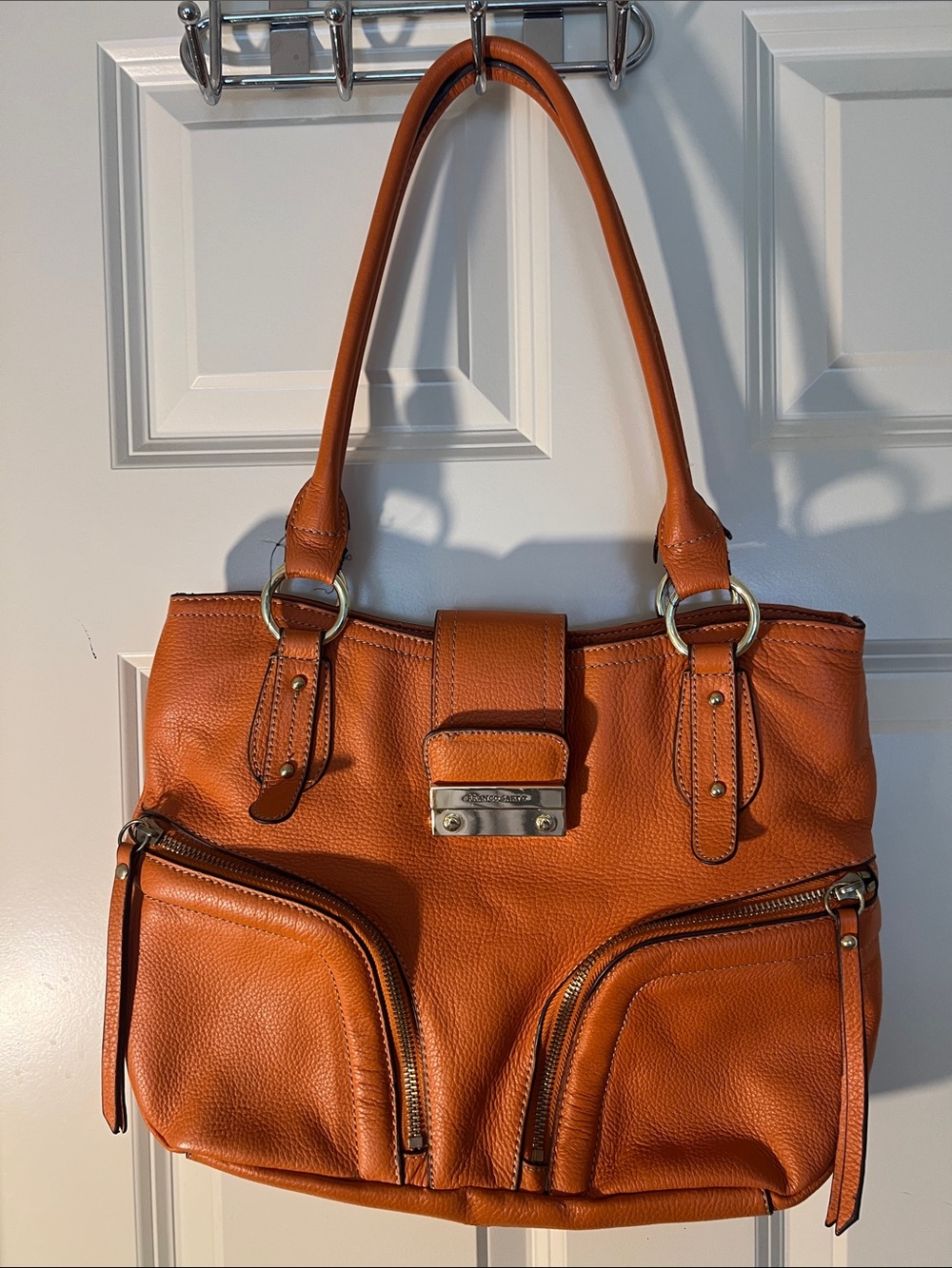 Franco Sarto Orange Leather Shoulder Bag with Front Zips
